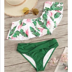One shoulder palm print bikini set